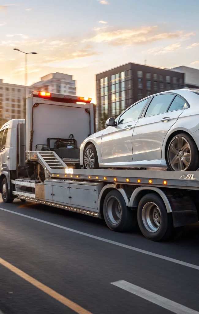Professional flatbed tow truck transporting a vehicle safely on a city road