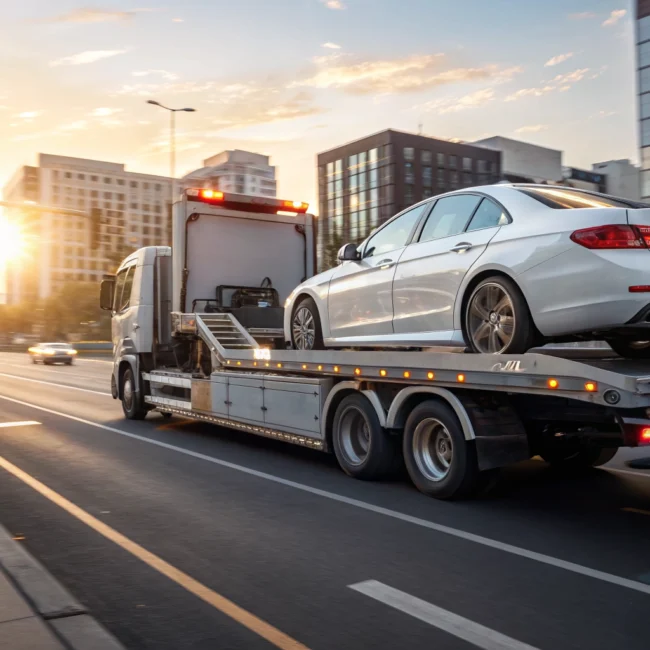 Professional flatbed tow truck transporting a vehicle safely on a city road