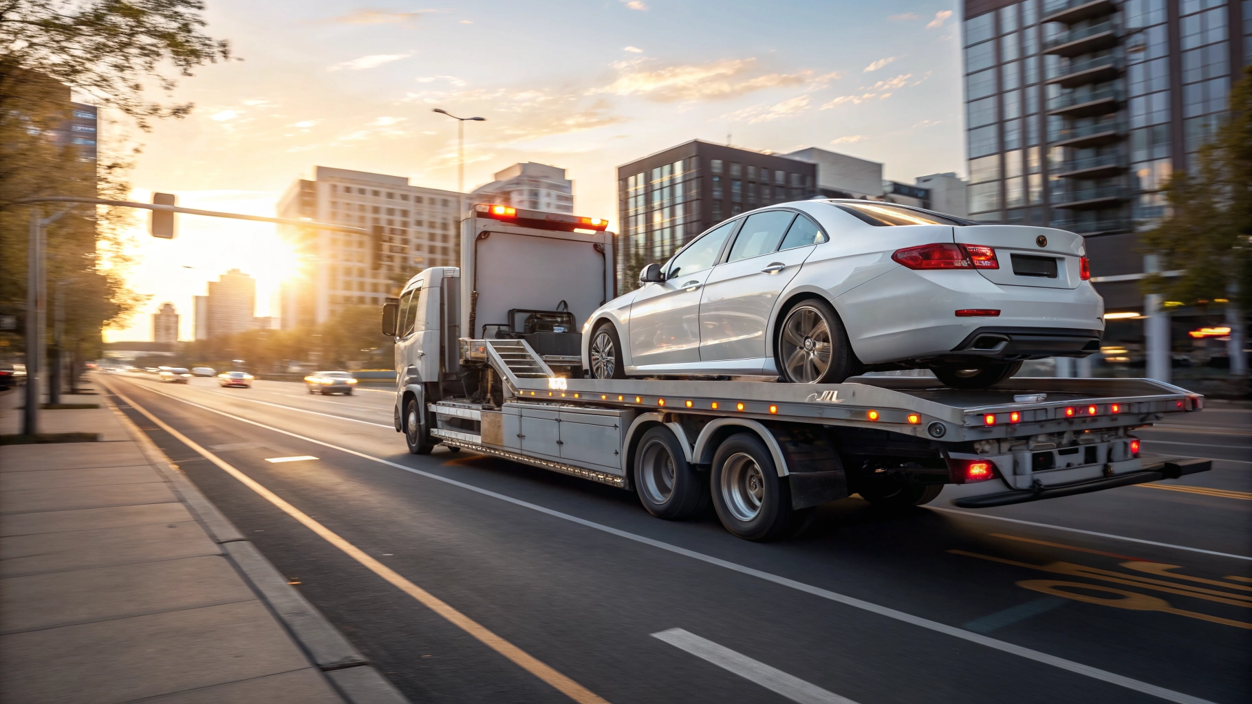 Professional flatbed tow truck transporting a vehicle safely on a city road