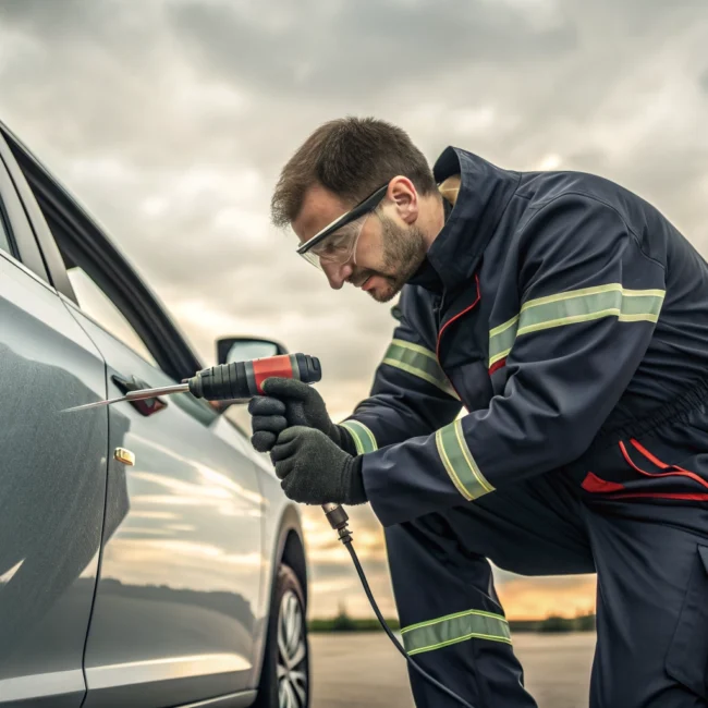 Professional locksmith using non-destructive tools to unlock a car door
