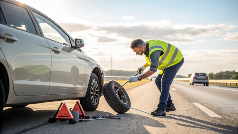 Roadside assistance technician changing a flat tire on the shoulder of a road