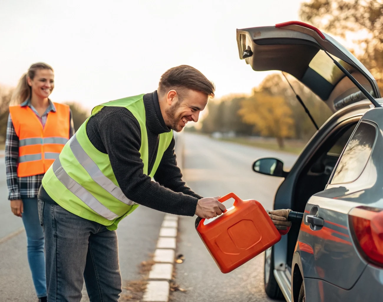 Roadside assistance worker delivering fuel to a stranded motorist