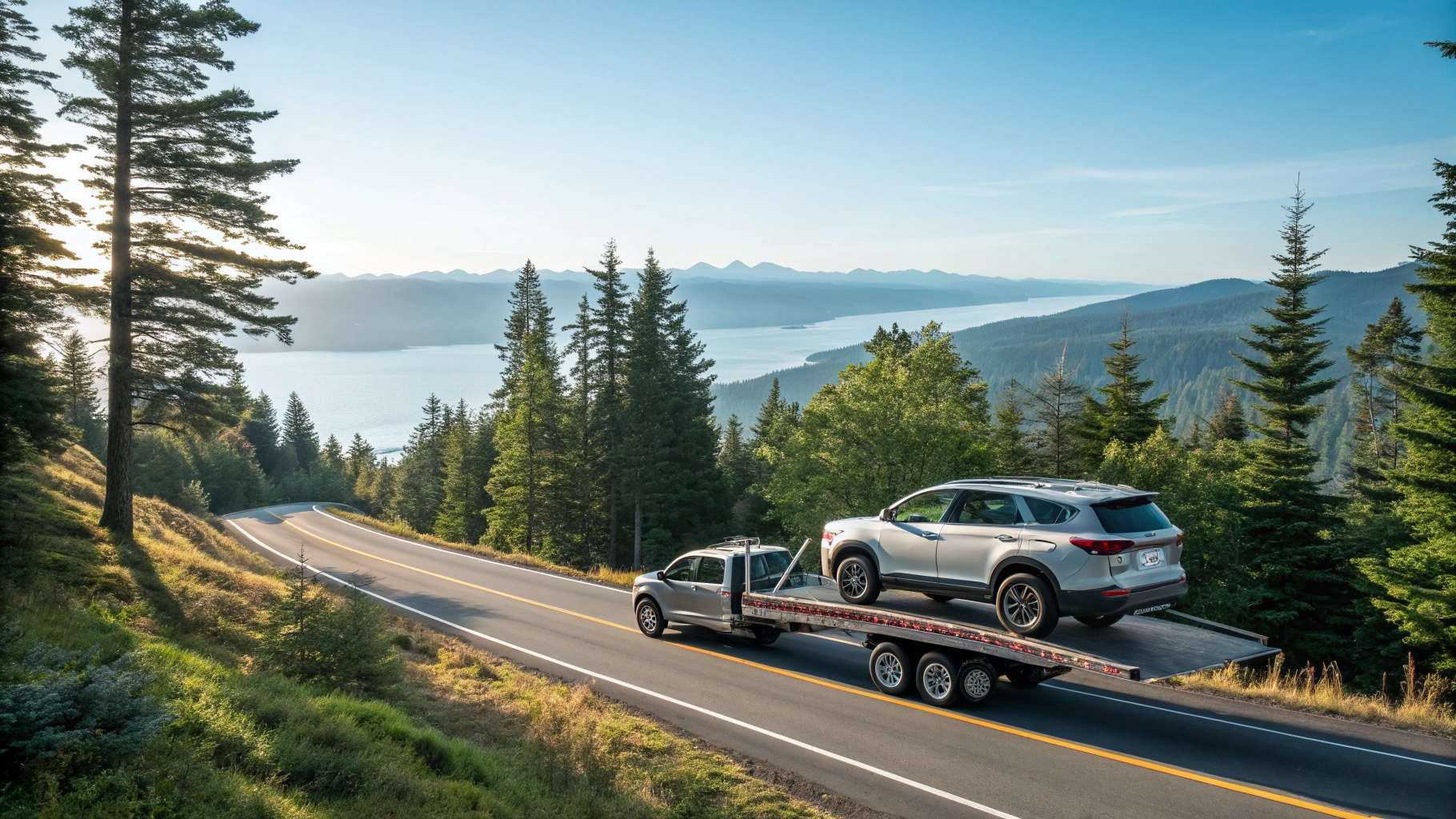 Flatbed tow truck transporting a vehicle in a Pacific Northwest setting near Bremerton, WA.
