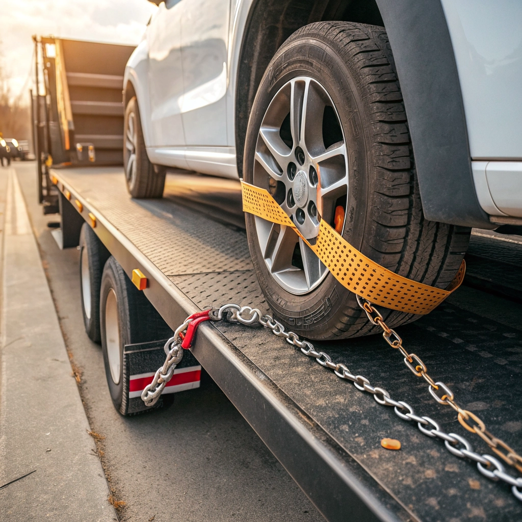 Professional vehicle securement on a flatbed tow truck.